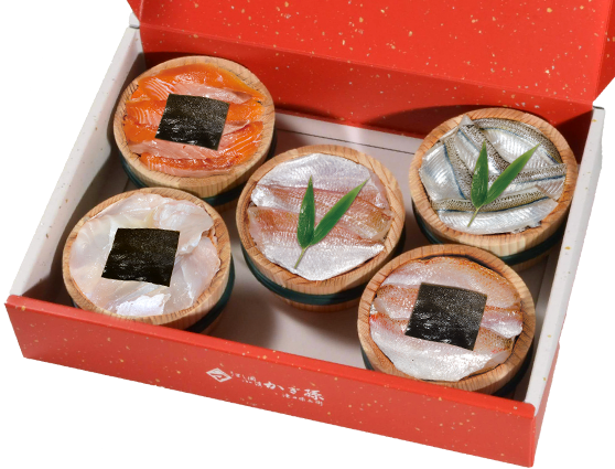 小鯛の笹漬け・さよりの笹漬け・のど黒の昆布締め・ひらめの昆布締め・ふくいサーモンの昆布締め